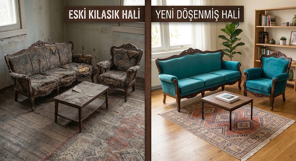 eski kılasık koltuk hali yeni kumaş döşenmiş hali